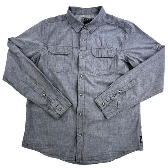 PrAna Slim Fit Shirt Mens Size Large Button Up Gray Roll Tab Long Sleeve - Picture 2 of 11